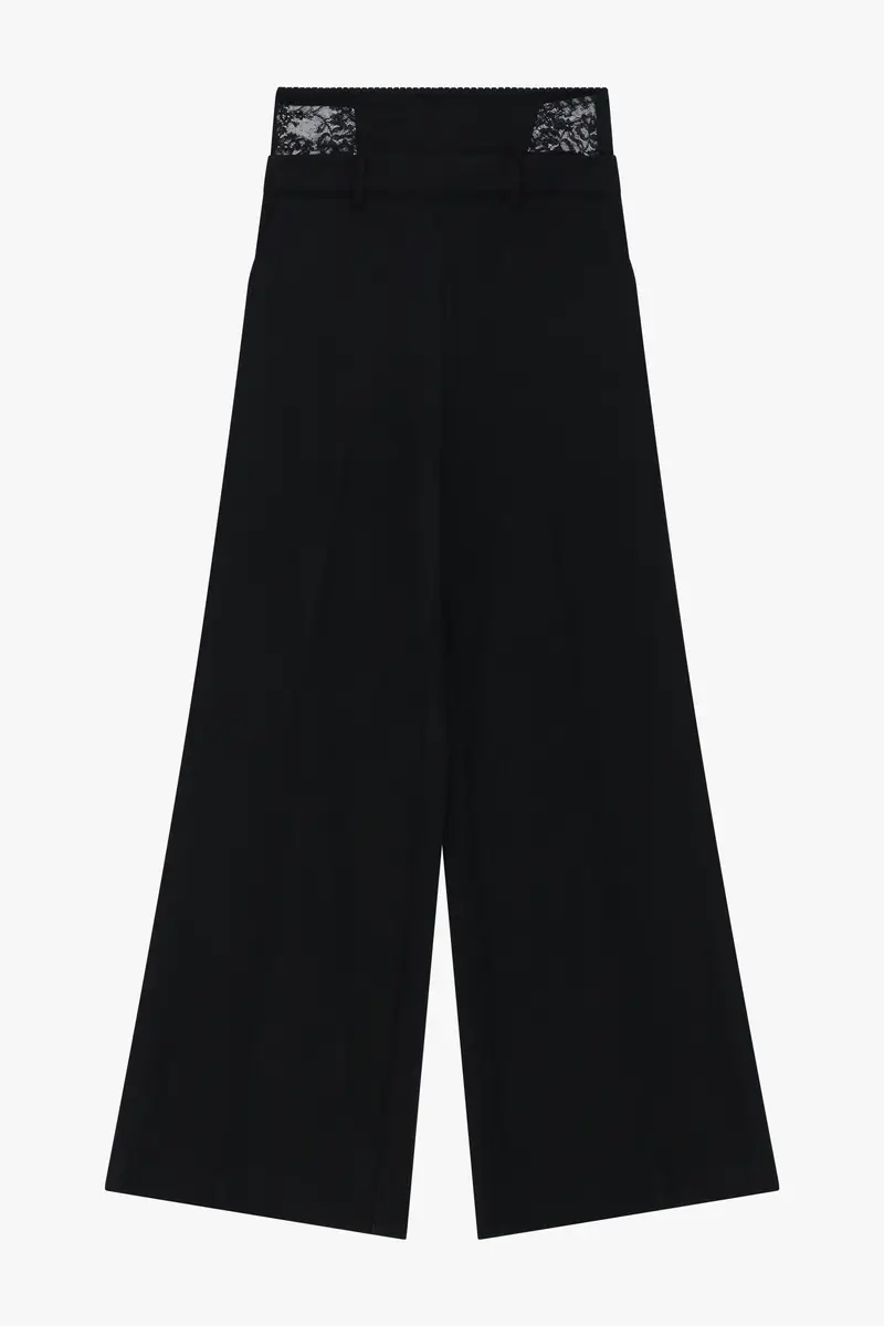 Pantaloni palazzo vita alta con inserto pizzo Nero