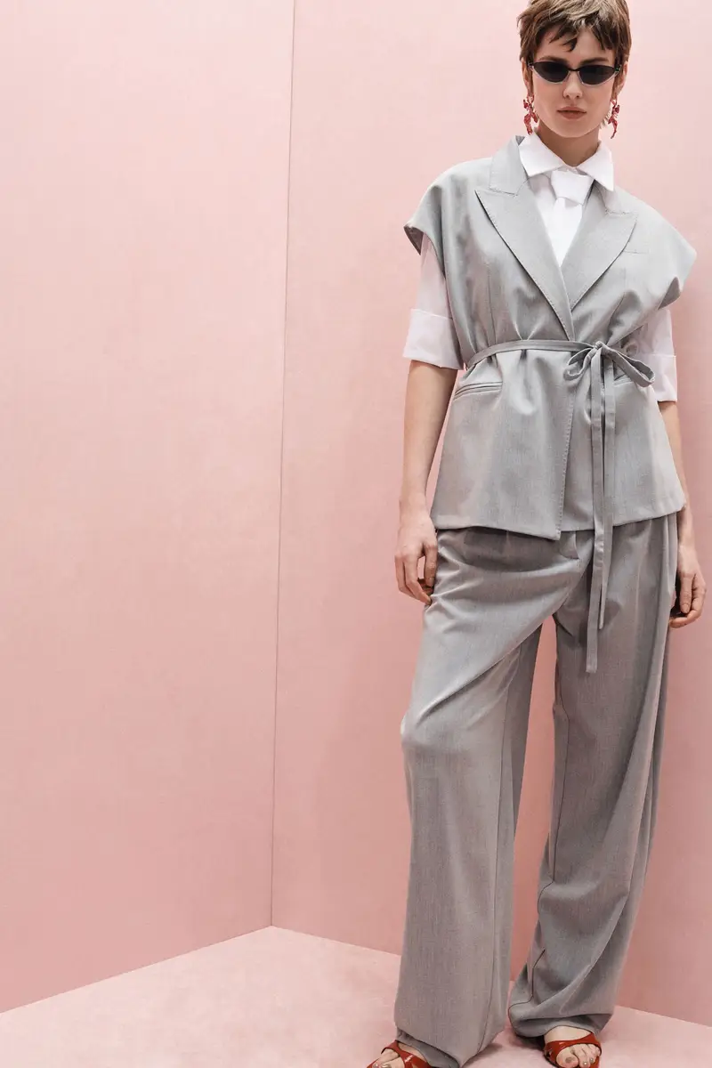 Pantaloni palazzo vita alta con pince e chiusura frontale Grigio chiaro miniatura 2