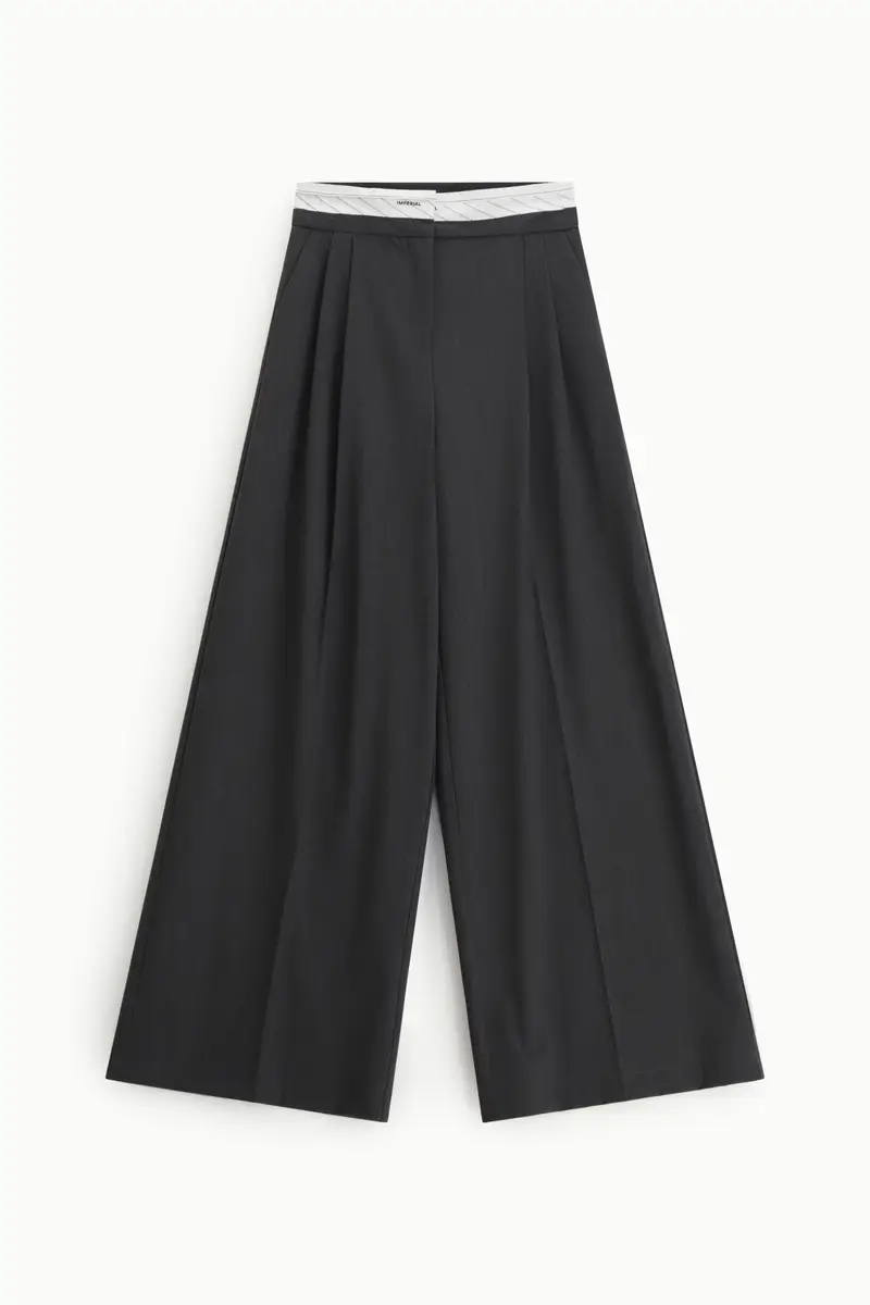 Pantaloni palazzo vita alta con pince e cintura a contrasto Grigio scuro