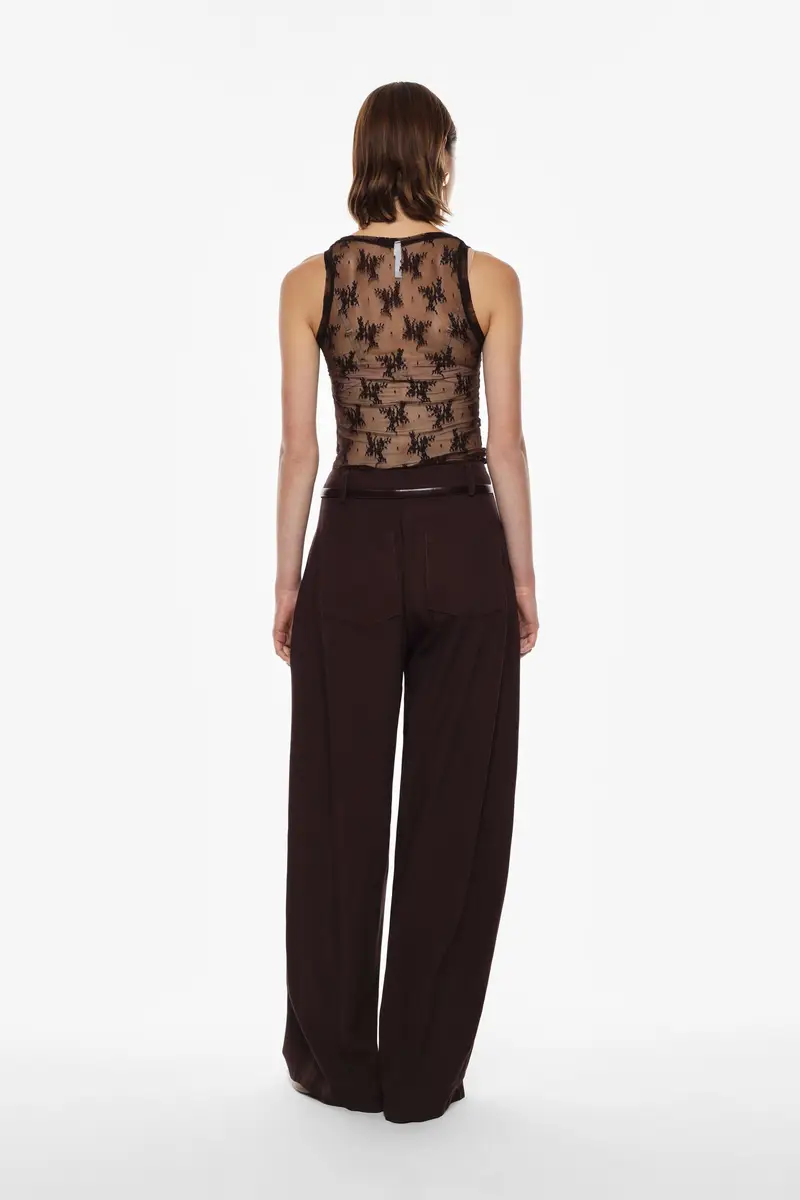 Pantaloni palazzo vita alta con pinces frontali Castagno miniatura 3