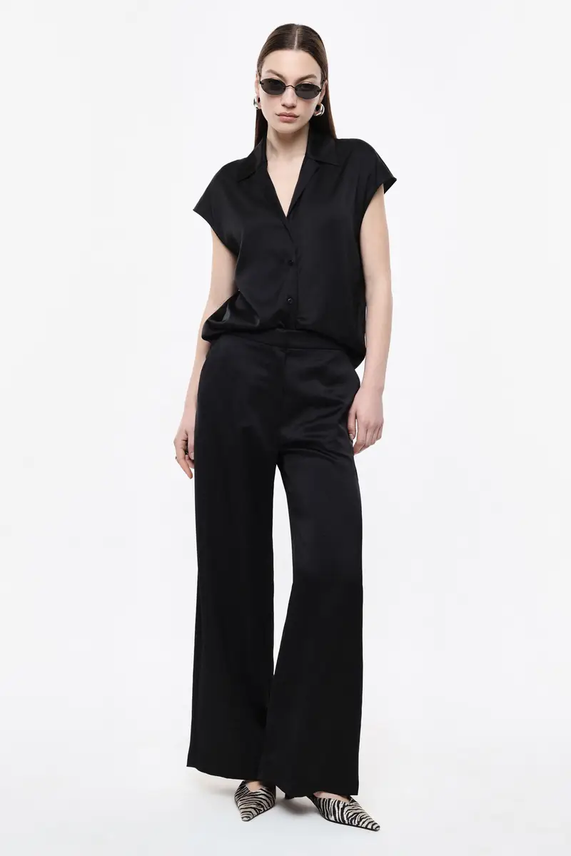 Pantaloni palazzo vita alta con tasche laterali Nero miniatura 2