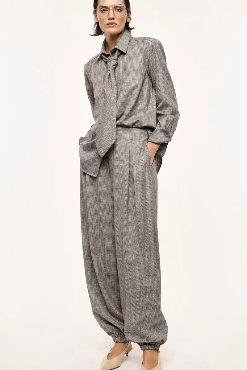 Pantaloni palazzo vita alta pinces fondo elastico Beige miniatura 2