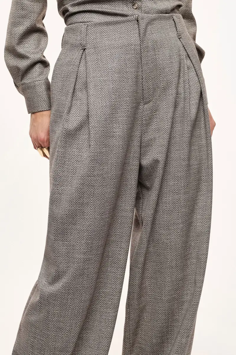 Pantaloni palazzo vita alta pinces fondo elastico Beige miniatura 4