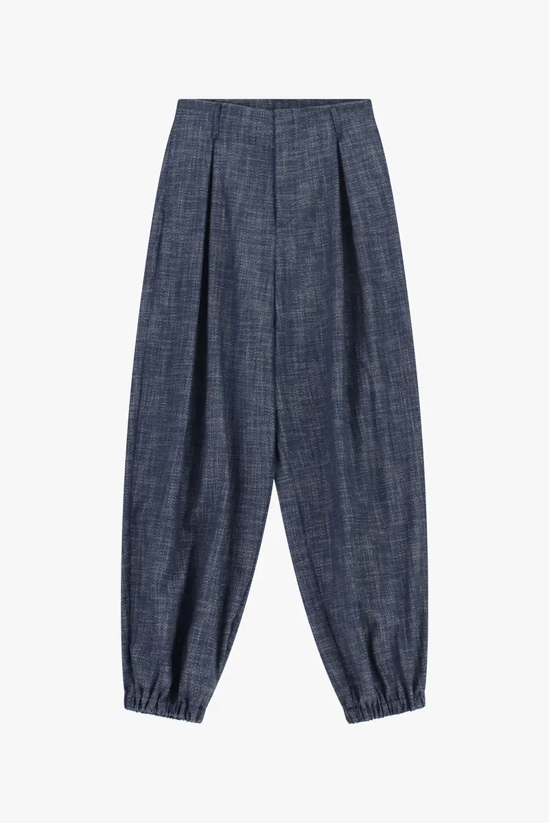 Pantaloni palazzo vita alta pinces fondo elastico Blu denim