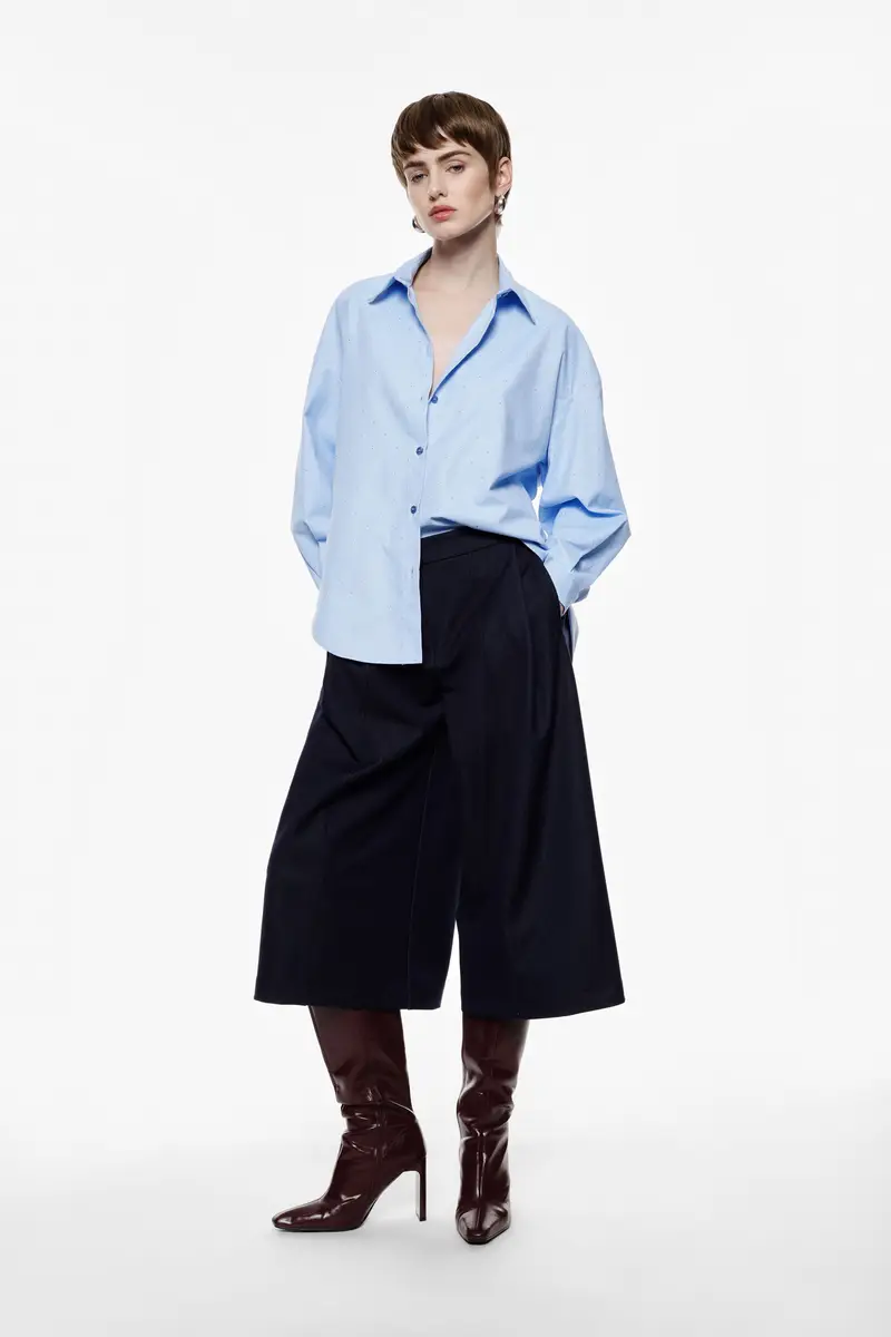 Shorts ampi a vita alta con pinces Blu denim miniatura 2