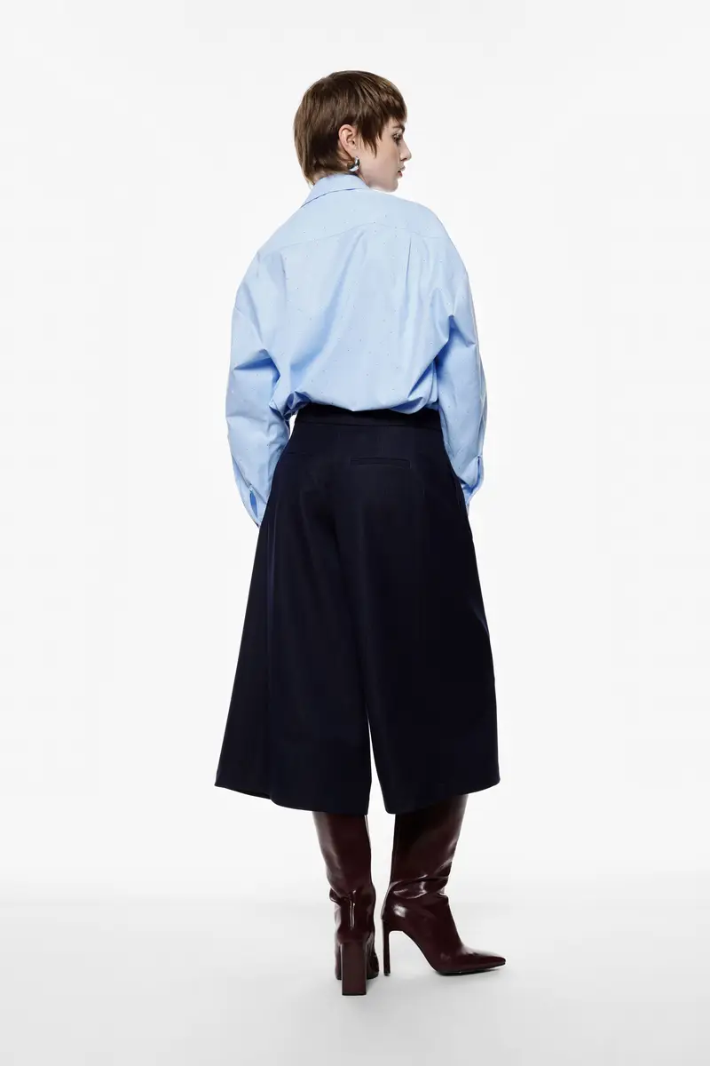 Shorts ampi a vita alta con pinces Blu denim miniatura 3