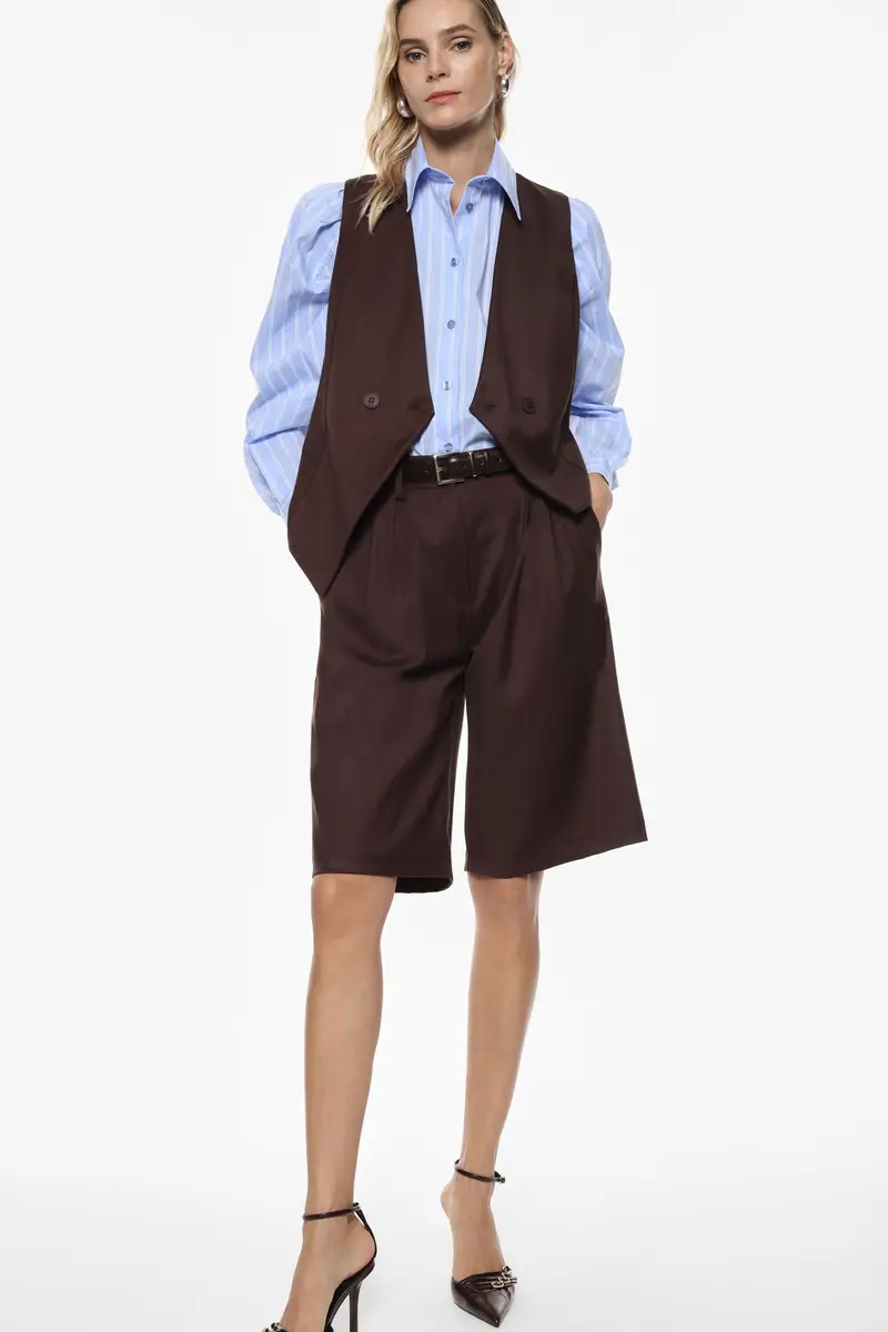 Shorts taglio dritto vita alta pinces Moro miniatura 2