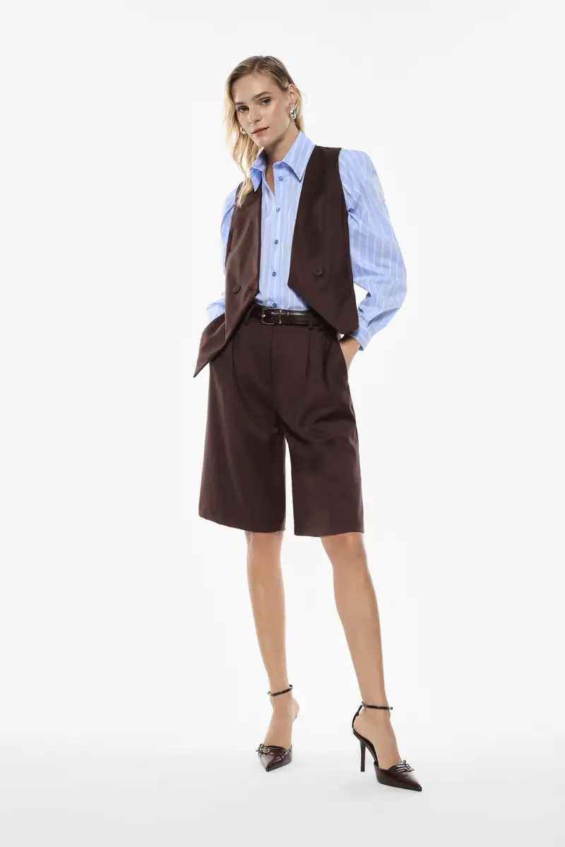 Shorts taglio dritto vita alta pinces Moro miniatura 3