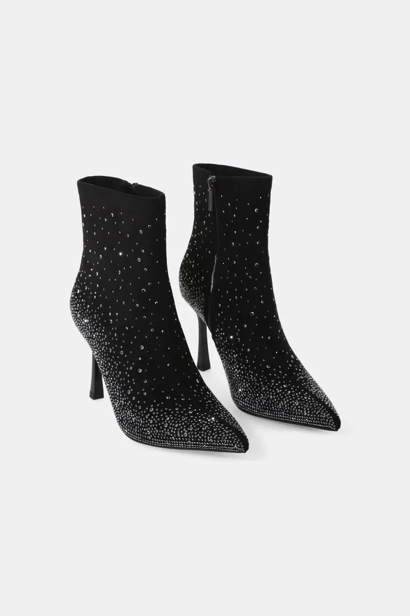 Stivaletti a punta con strass e tacco sottile Nero miniatura 2