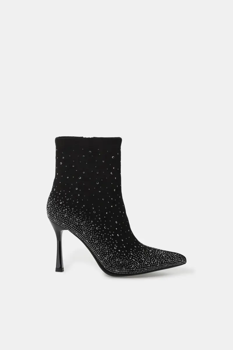 Stivaletti a punta con strass e tacco sottile Nero