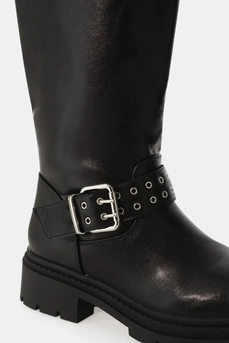 Stivali alti con fibbia decorativa e suola carrarmato Nero miniatura 3