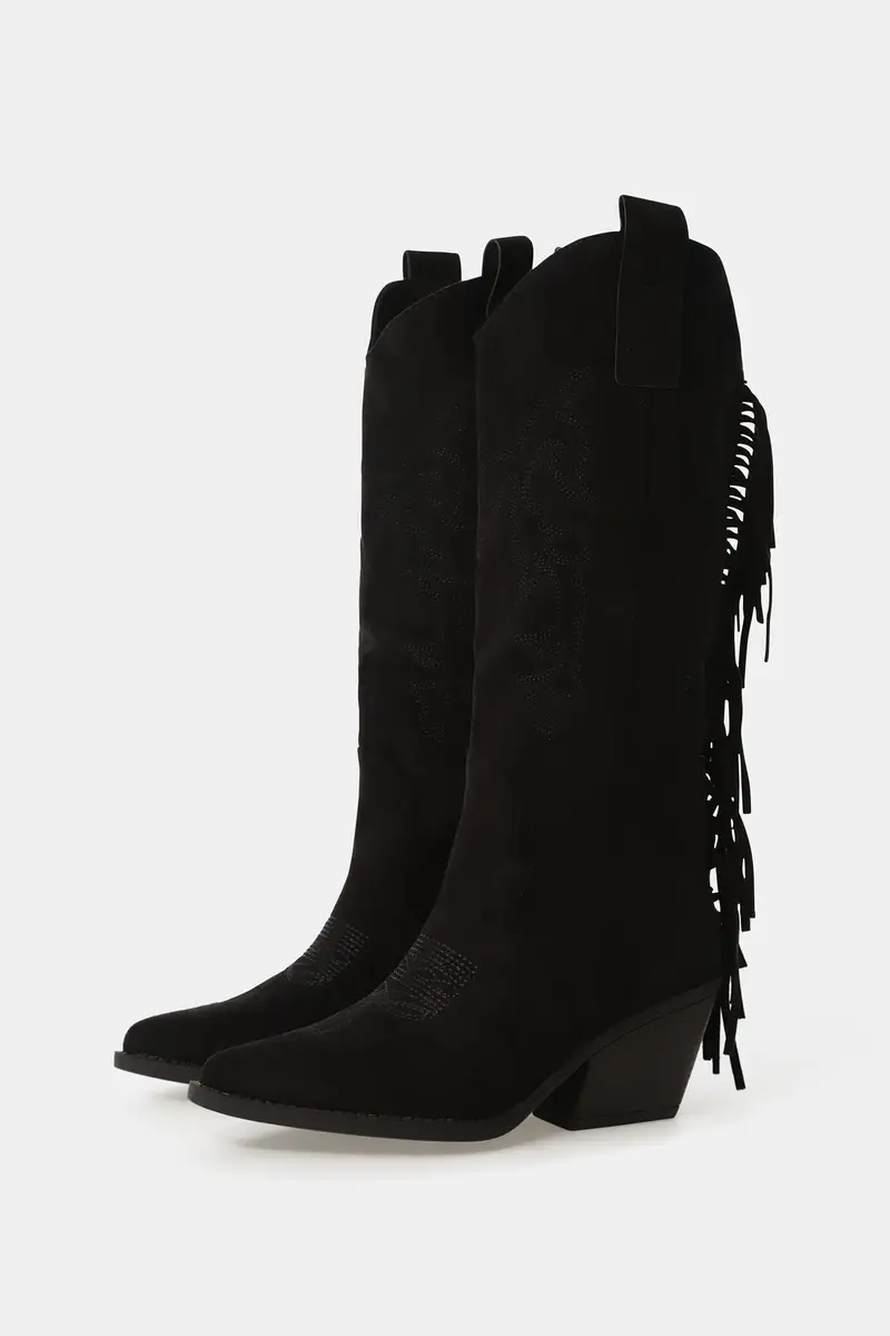 Stivali alti con frange e tacco largo Nero miniatura 3