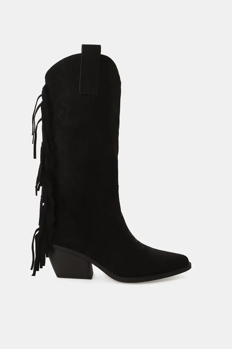 Stivali alti con frange e tacco largo Nero
