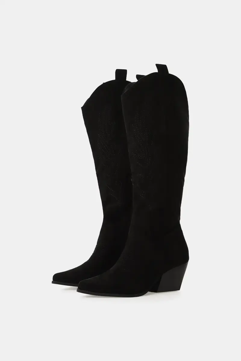 Stivali alti con tacco largo e punta sfilata Nero miniatura 2