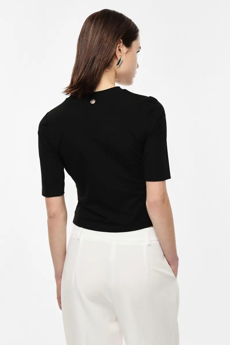 T-shirt corta con nodo frontale e maniche corte Nero miniatura 3