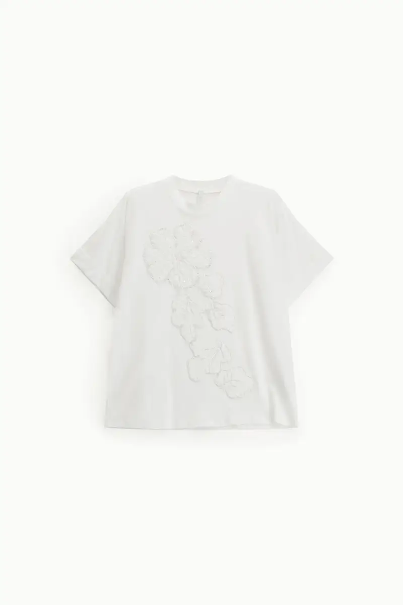 T-shirt girocollo maniche corte con dettaglio floreale Bianco