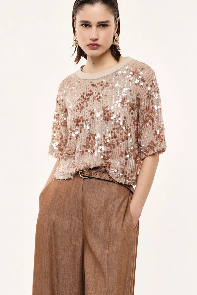 T-shirt girocollo maniche corte con paillettes Cipria miniatura 2