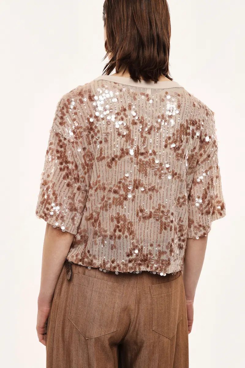 T-shirt girocollo maniche corte con paillettes Cipria miniatura 3