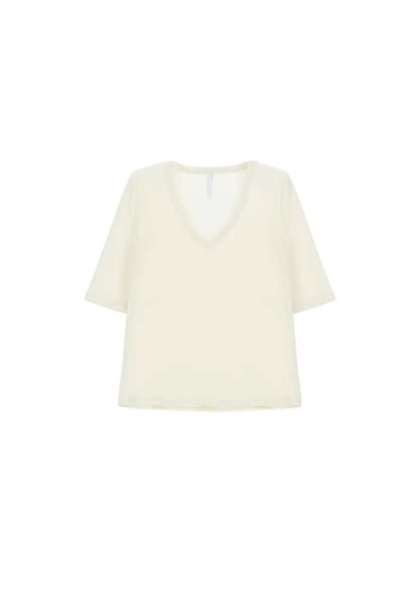 T-shirt scollo a v maniche lunghezza al gomito Lana