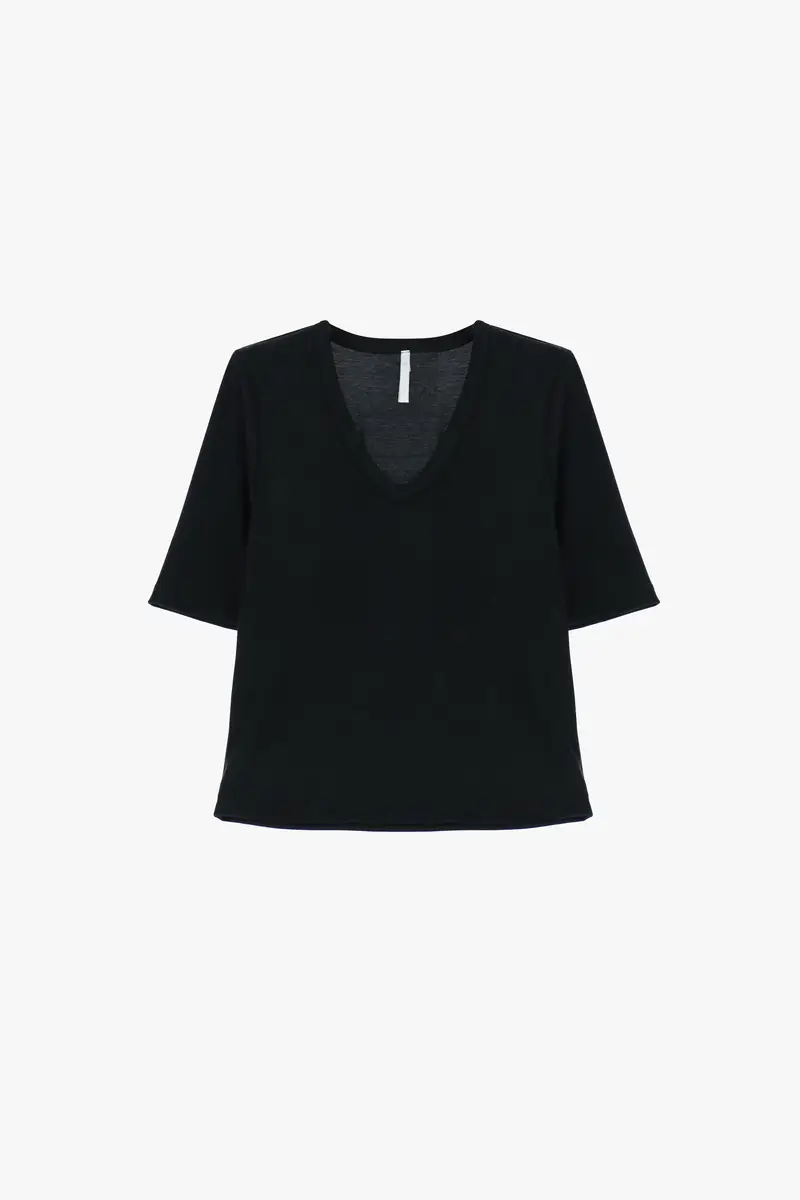T-shirt scollo a v maniche lunghezza al gomito Nero