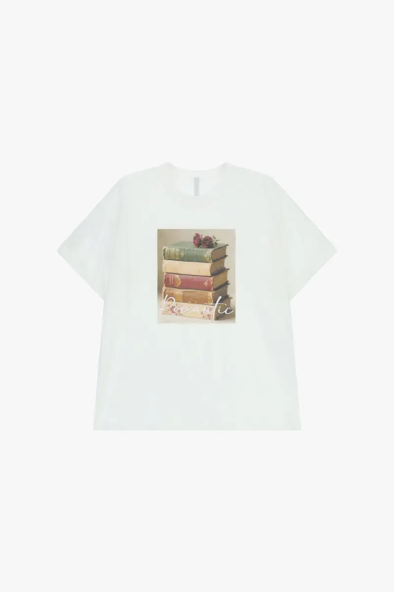 T-shirt stampa libri fit morbido girocollo Bianco