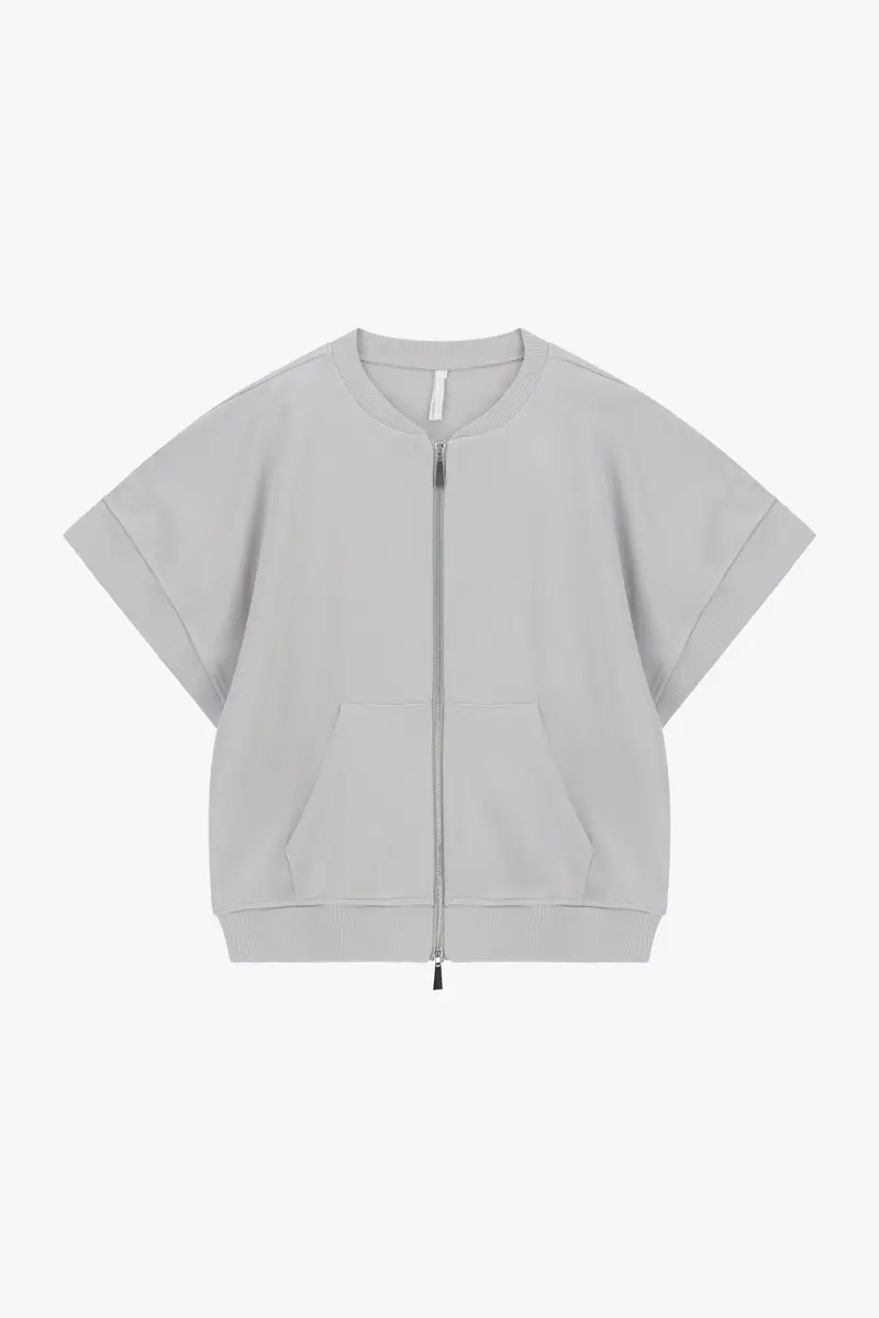 T-shirt zip front maniche corte tasca a marsupio Taupe