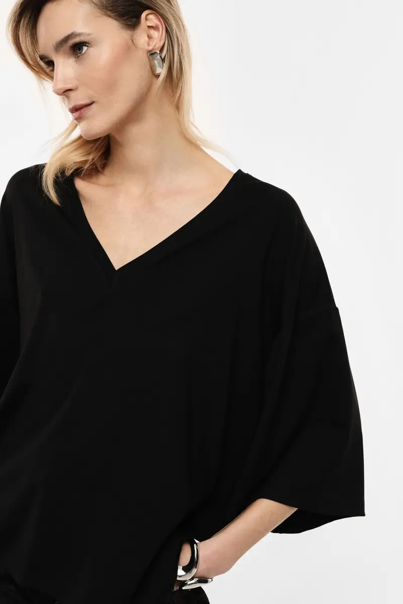 Top ampio scollo a v manica corta Nero miniatura 3