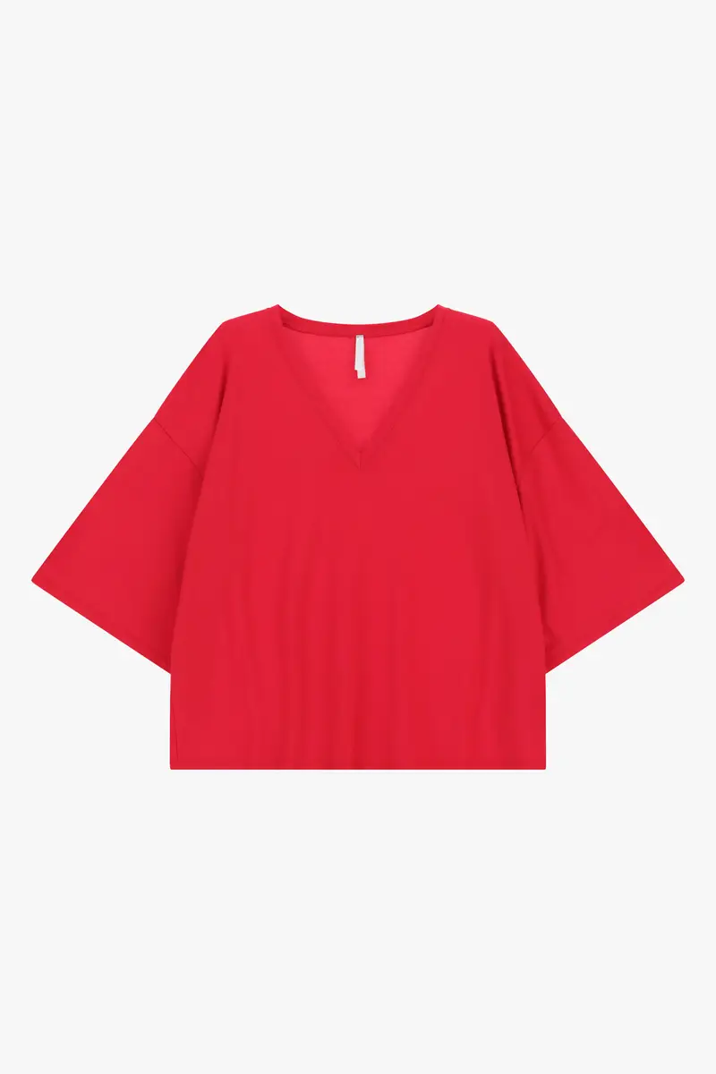 Top ampio scollo a v manica corta Rosso