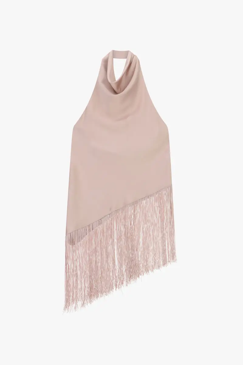 Top asimmetrico con frange e scollo halter Cipria