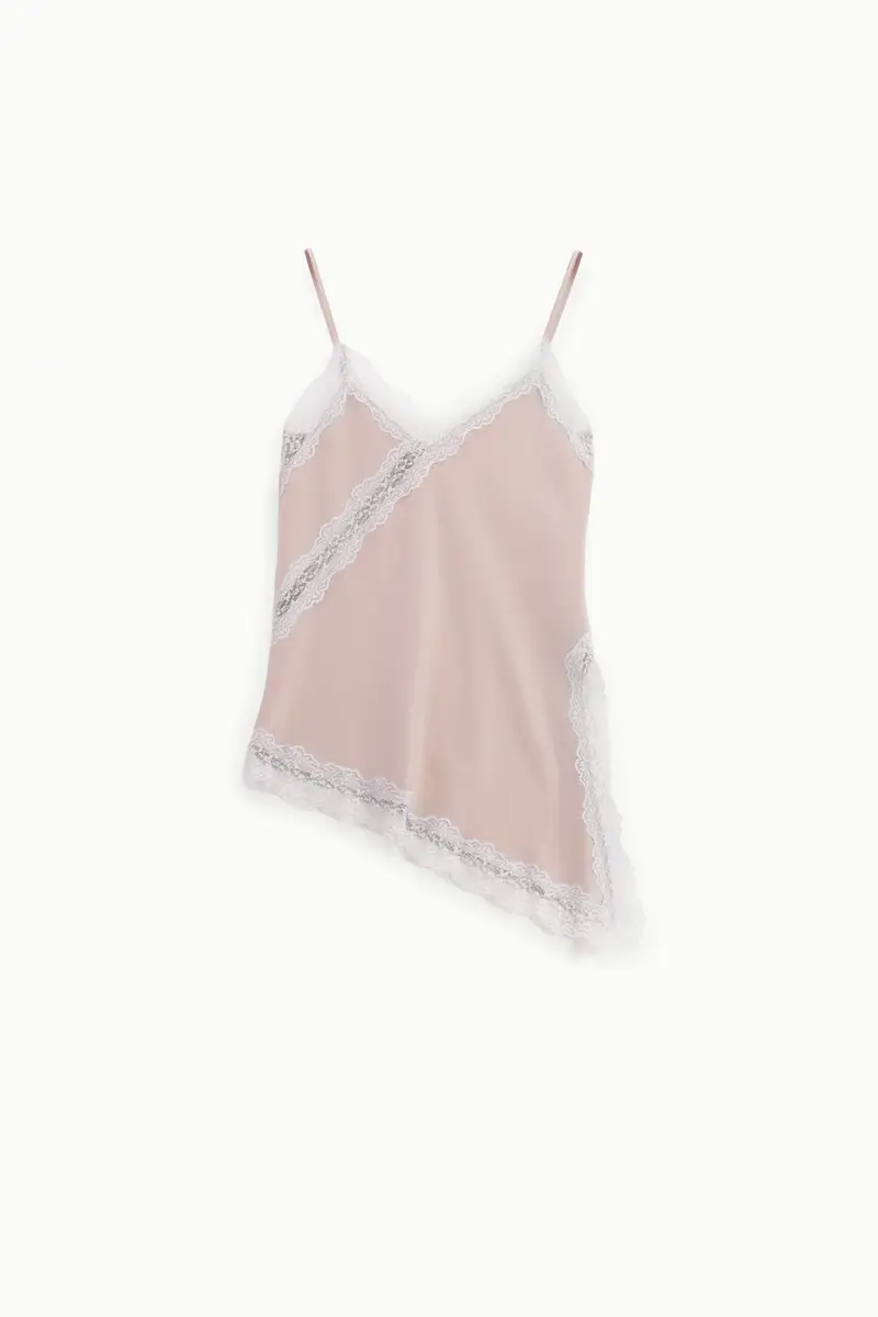 Top asimmetrico con pizzo e spalline sottili Cipria