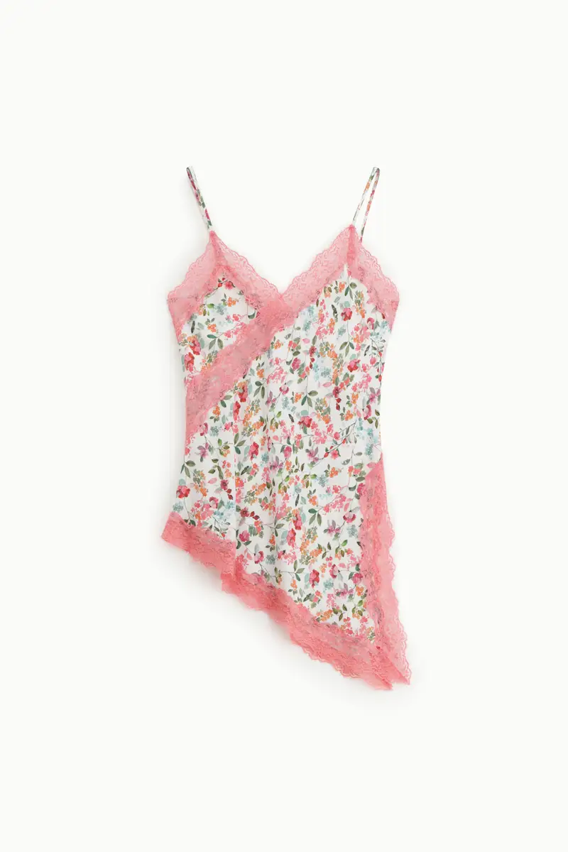 Top asimmetrico stampa floreale con inserti in pizzo Panna