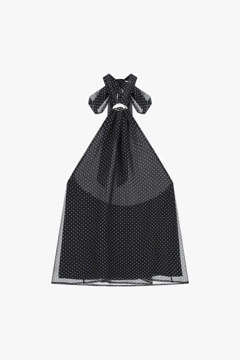 Top con collo allacciato e stampa micro pois Nero