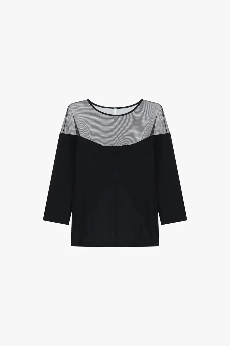 Top con maniche a 3/4 inserti trasparenti Nero