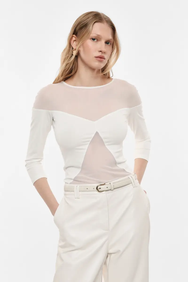 Top con maniche a 3/4 inserti trasparenti Panna miniatura 2