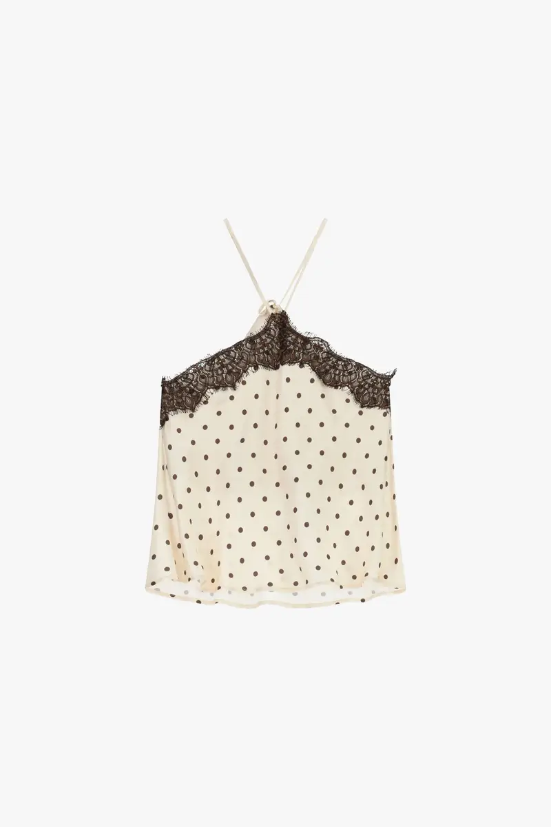 Top con spalline sottili, pizzo e pois Panna