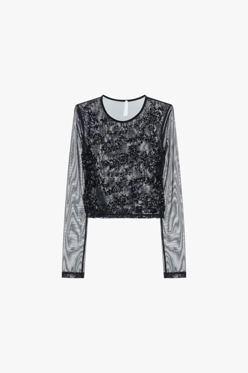 Top cropped con maniche in tulle e applicazioni Nero