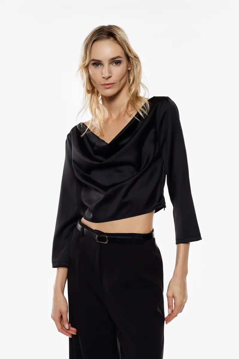 Top cropped scollo morbido maniche 3/4 Nero miniatura 2
