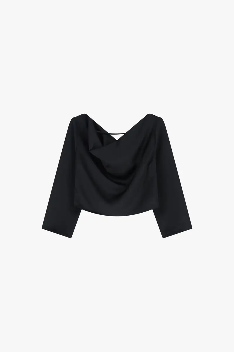 Top cropped scollo morbido maniche 3/4 Nero