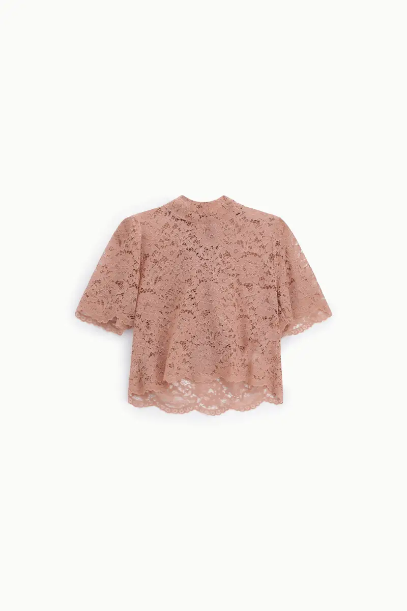Top in pizzo con maniche corte e collo alto Rosa antico