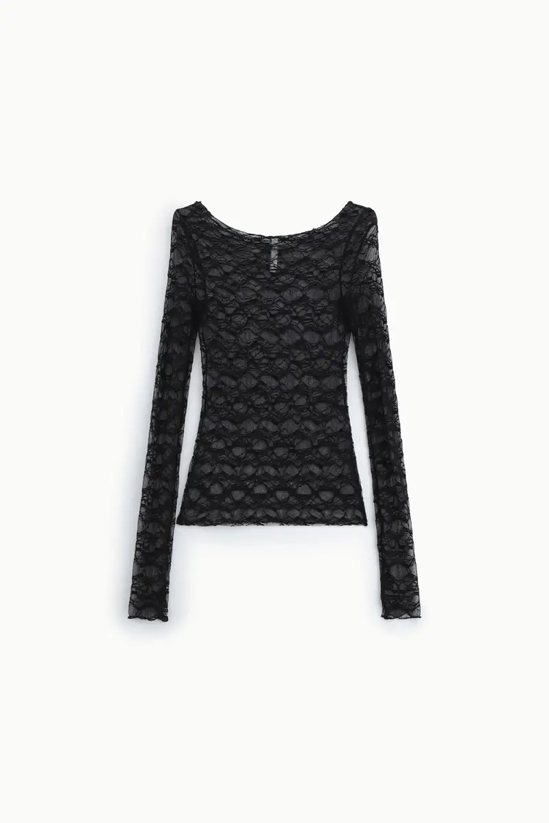 Top in pizzo trasparente a maniche lunghe Nero
