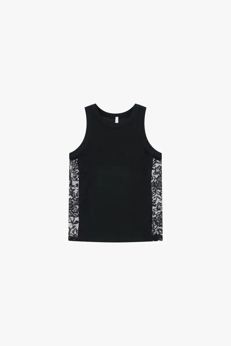 Top smanicato girocollo con inserti in pizzo laterali Nero