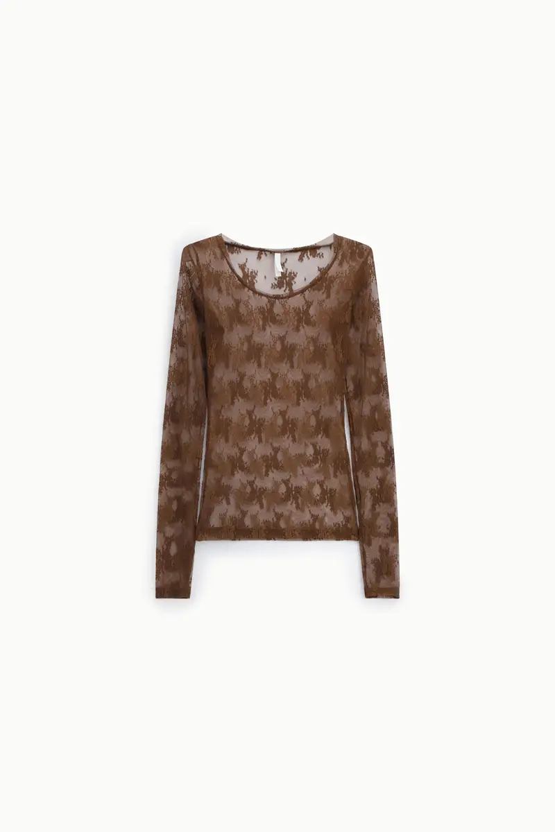Top trasparente a maniche lunghe con ricamo floreale Cacao