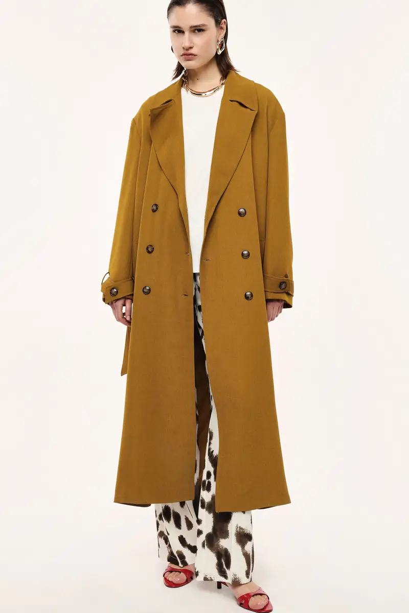 Trench coat lungo doppio petto cintura removibile Olio miniatura 2