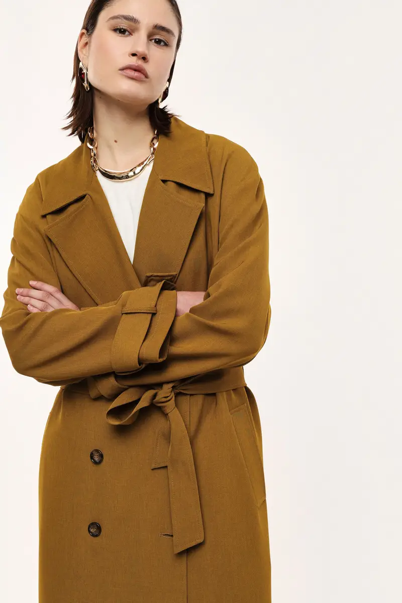 Trench coat lungo doppio petto cintura removibile Olio miniatura 4