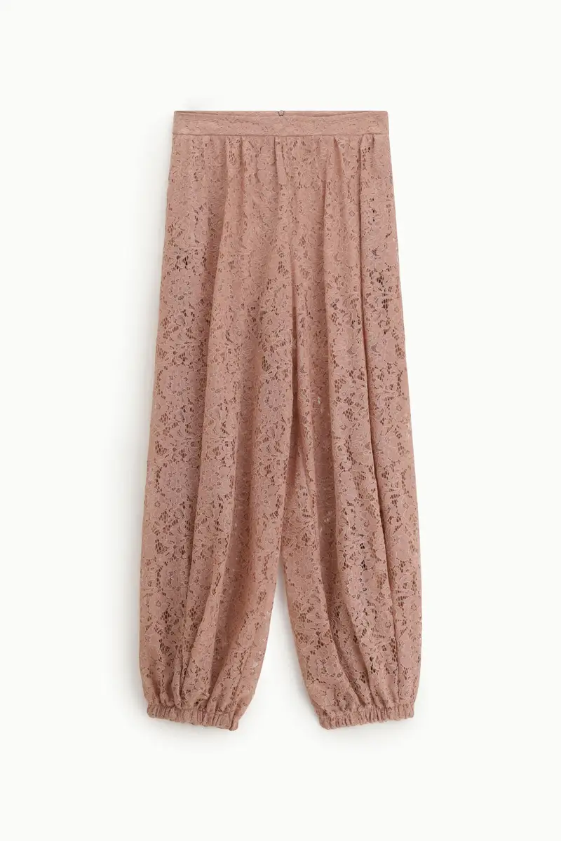 Trousers ampi in pizzo con fondo elasticizzato Rosa antico