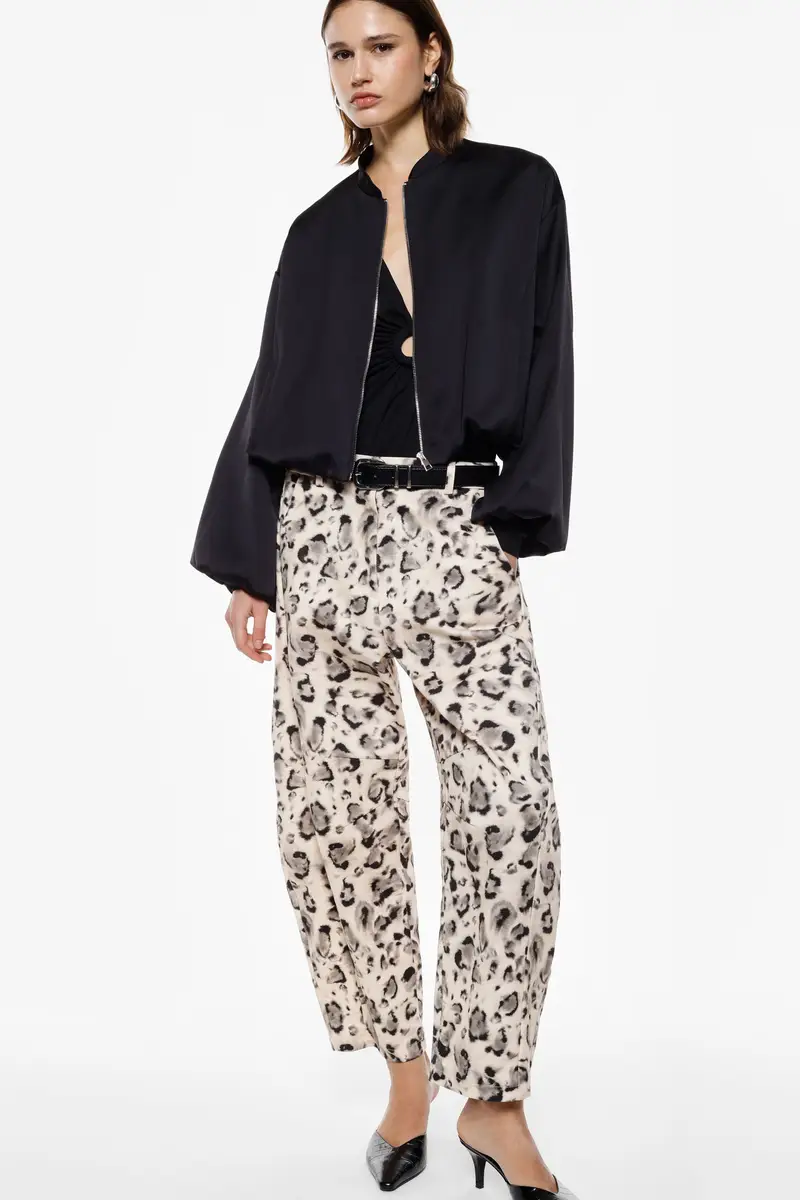 Trousers ampi stampa animalier vita alta Panna miniatura 2