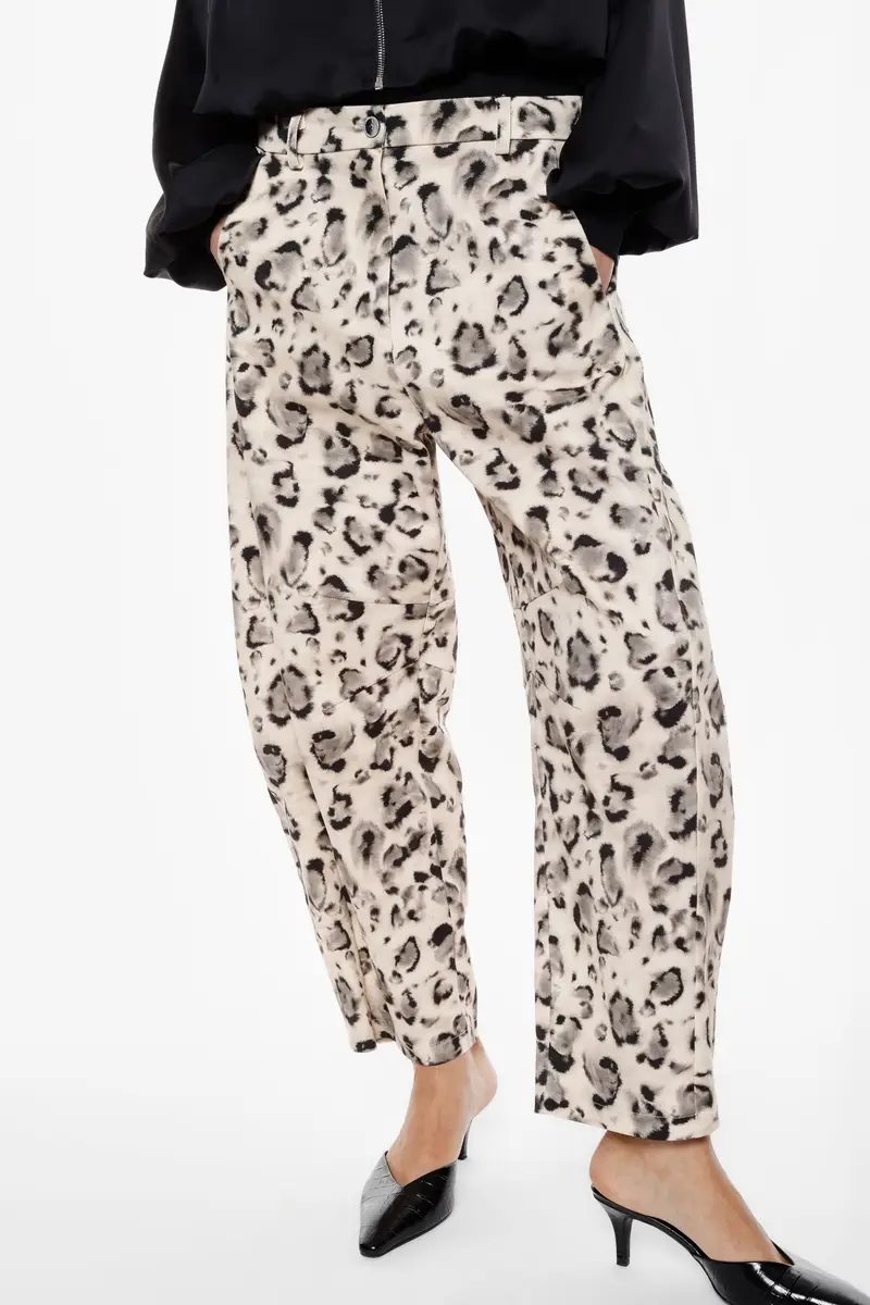 Trousers ampi stampa animalier vita alta Panna miniatura 4