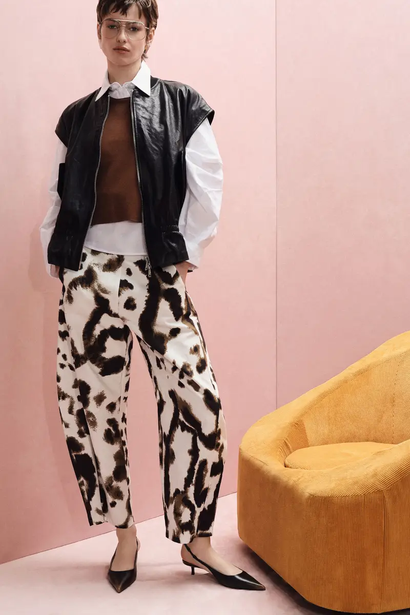 Trousers ampi stampa astratta vita alta Panna miniatura 2