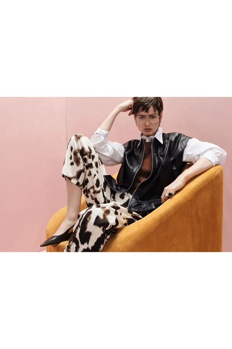 Trousers ampi stampa astratta vita alta Panna miniatura 3