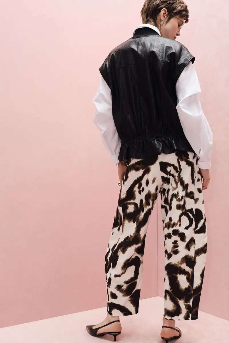 Trousers ampi stampa astratta vita alta Panna miniatura 4